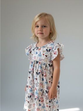 White Disney Print Flutter Sleeve Dress